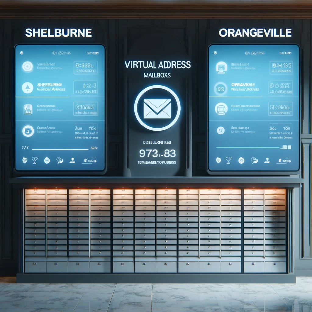 Modern, secure mailbox area with digital screens and clear signage for Shelburne and Orangeville, Ontario, representing virtual address mailboxes in a professional virtual office environment.